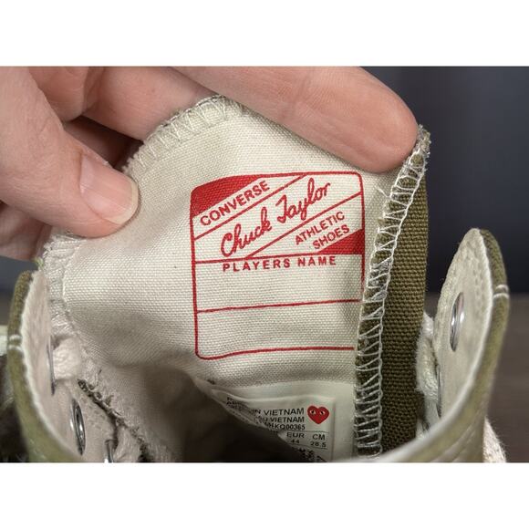 Converse Comme Des Garcons Play Khaki Hearts Hi Top Sneakers Men's 10 Women's 12 - Picture 9 of 13